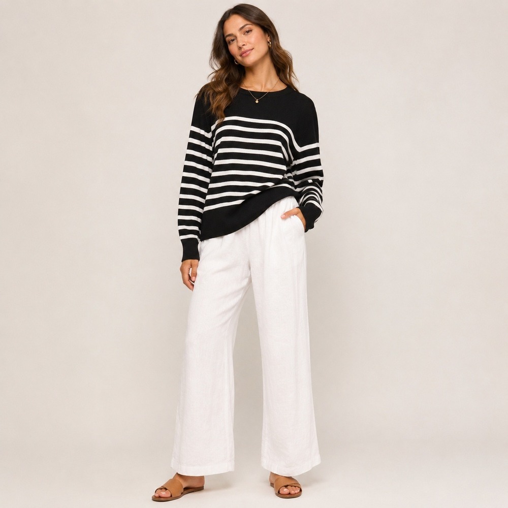 Cielo B&W Striped Crewneck Sweater Fisherman Nautical Preppy Soft Womens L NWT